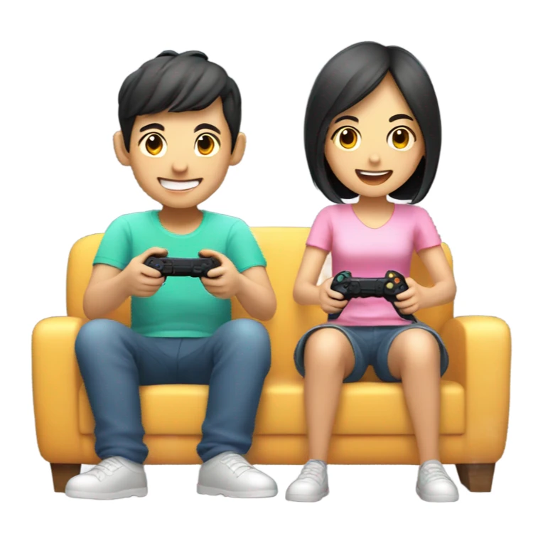 Cute Asian Couple sitting together and having fun playing video games sticker