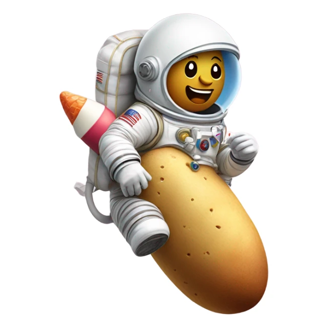 Astronaut riding a rocket made out of a potato while eating ice cream sticker