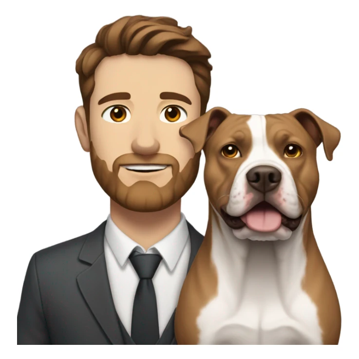 white male with dark brown hair and a lightly scruffy beard shadow standing alongside a white and brown pitbull sticker