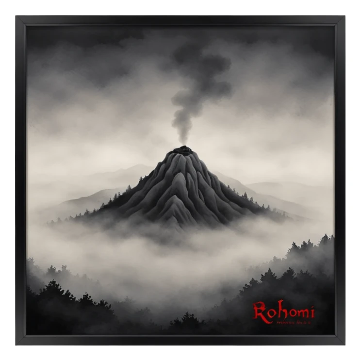 Dark horror wallpaper, 1080x2400, smoky grey charcoal background, subtle eerie light, misty fog, floating dust ("dhoasha dhoasha"), centered distressed text "ROJONI" with faint red smears and inner shadow, cinematic grain, spooky vibe --ar 9:20 --v 5 sticker