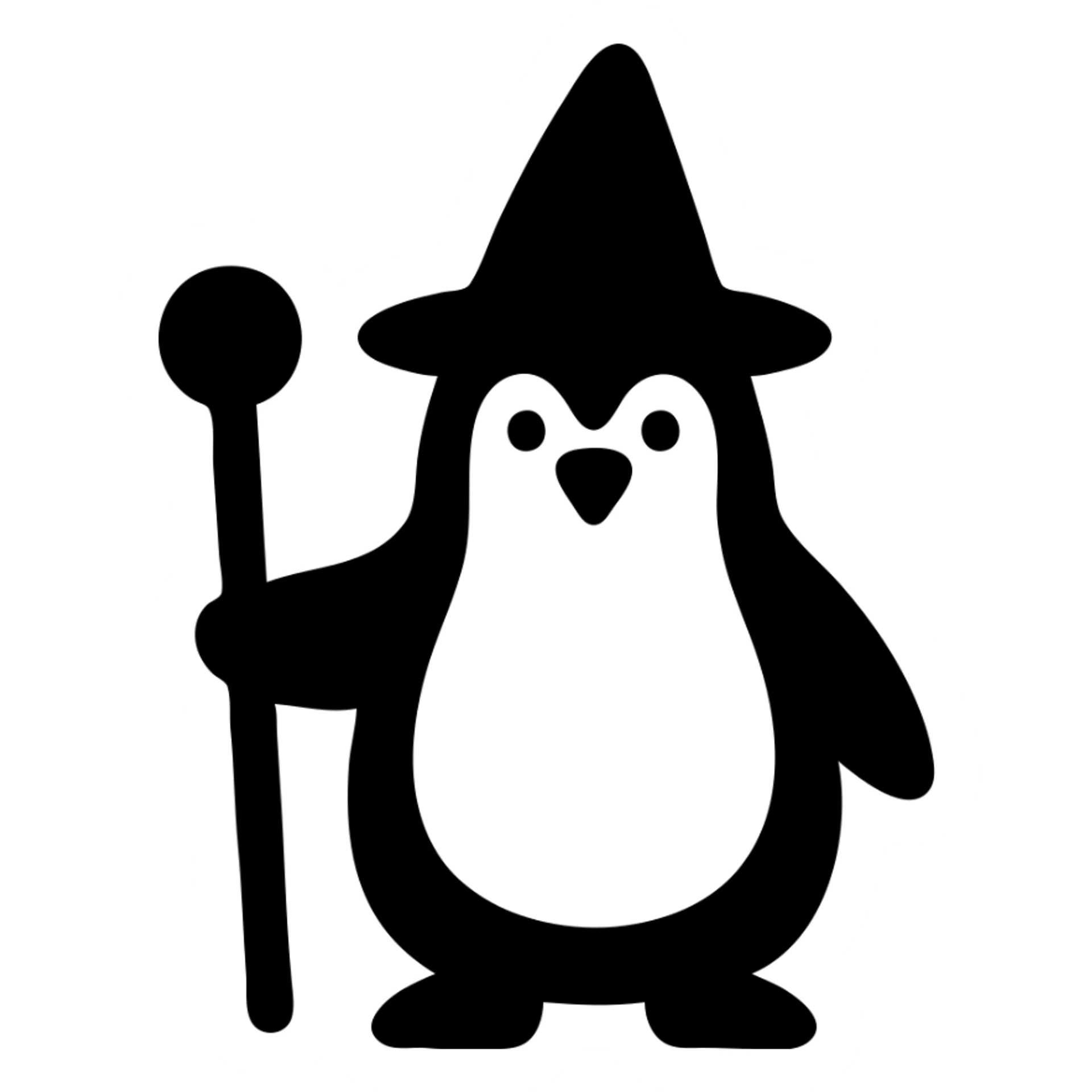 solid black icon of a penguin wizard with a pointy hat and staff sticker