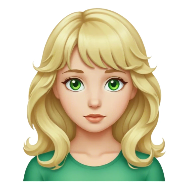 create a blonde wavy hair girl with green eyes, bangs  sticker