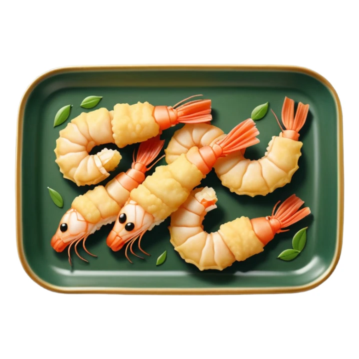 Tempura shrimps on a rectangular dark green porcelain tray sticker