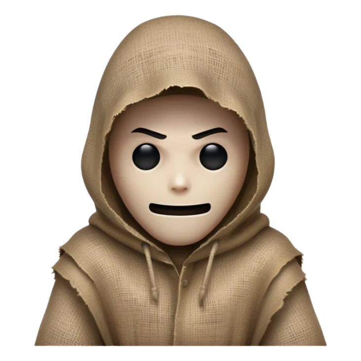 creepy sinister man with burlap sack over head, dark atmosphere, menacing stance sticker