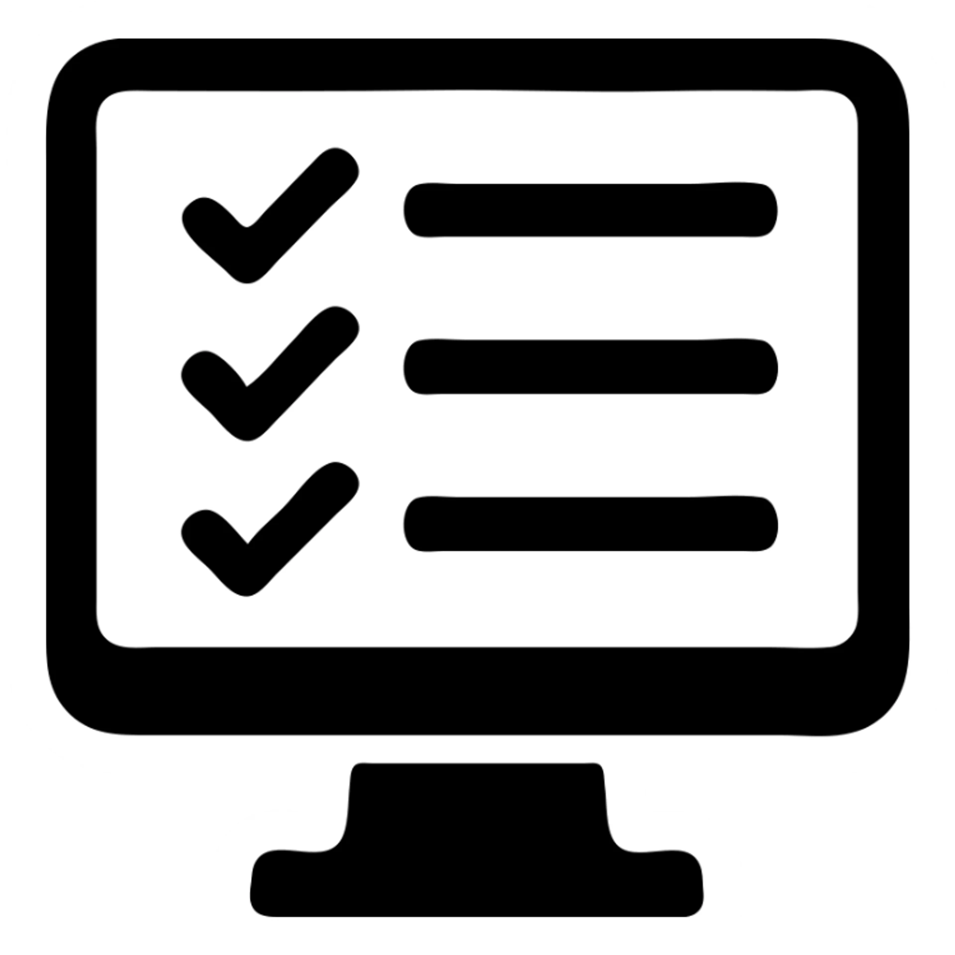checklist form on a monitor, simple, bold silhouette, solid filled icon style, no color sticker