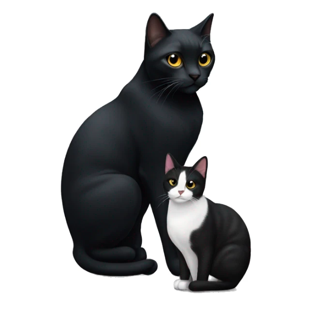 A large black cat sitting next to a smaller black and white cat sticker