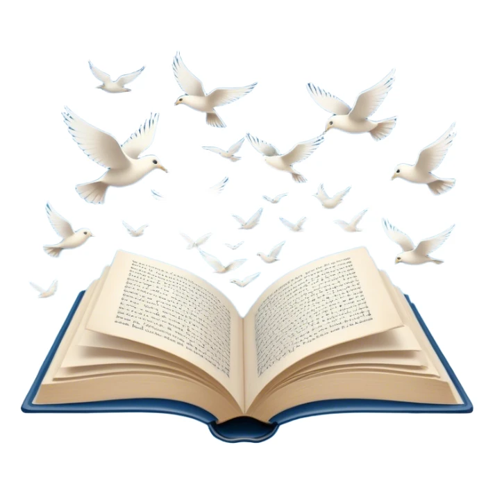 Icon for Poetry Reading: an open book with pages flying out, transforming into a large flock of small white birds soaring into the blue sky. The icon should evoke the freedom and beauty of poetic expression. Transparent background. sticker