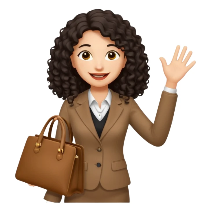 medium deep tan brown business woman with long black curly hair, waving hand with happy face with smile mouth and carrying bag on her shoulder sticker