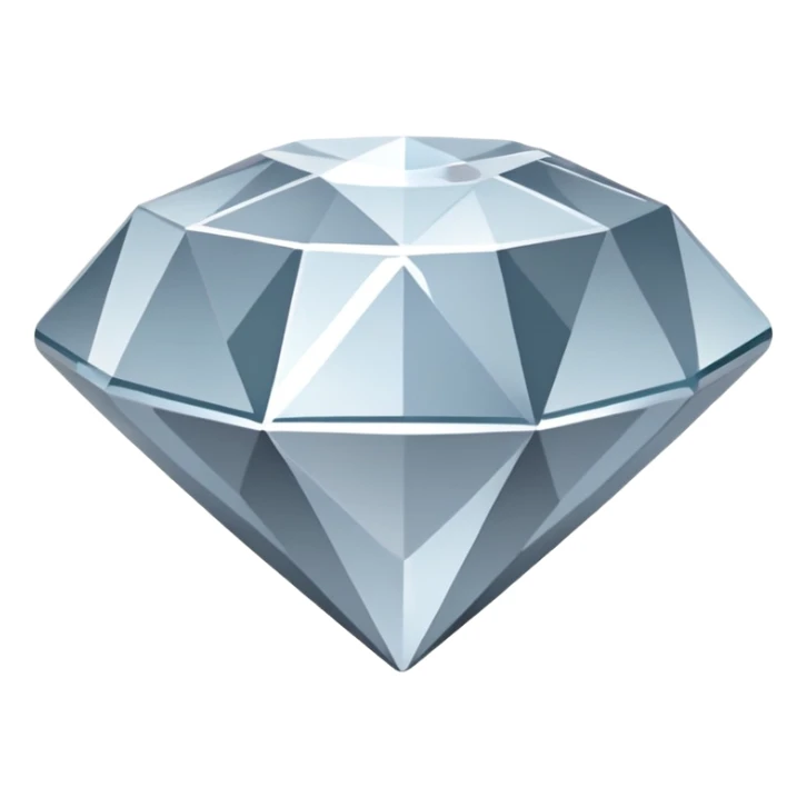A faceted diamond emoji made of silver chrome, smooth reflective surfaces, soft metallic shine, minimalistic and clean design, iOS emoji style, centered on white background, soft studio lighting sticker