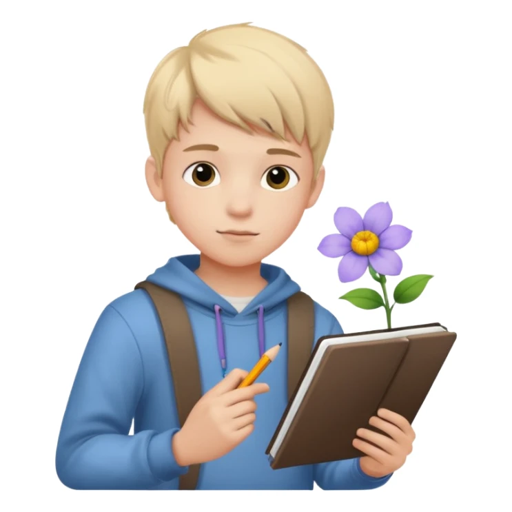 Teen boy drawing boy with flower character in notebook sticker