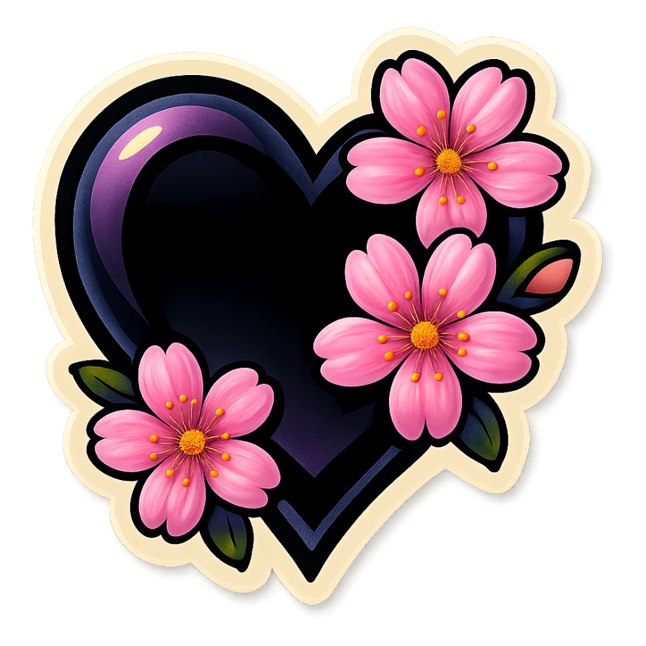 goth sakura heart, sticker style, thick black outline, pink sakura, playful gothic sticker