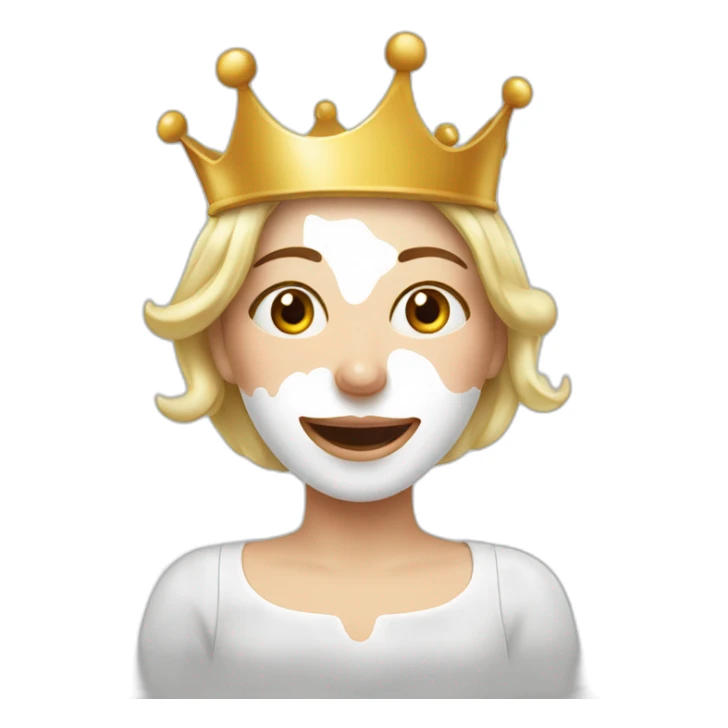 Woman with milk spilled on her face with satisfactory expression and crown sticker