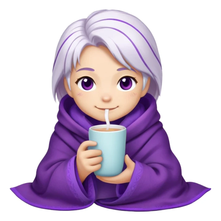 Chibi Sable Ward wrapped in a blanket, holding a warm drink, cozy expression, white hair with purple streaks, fully purple eyes, content smile sticker