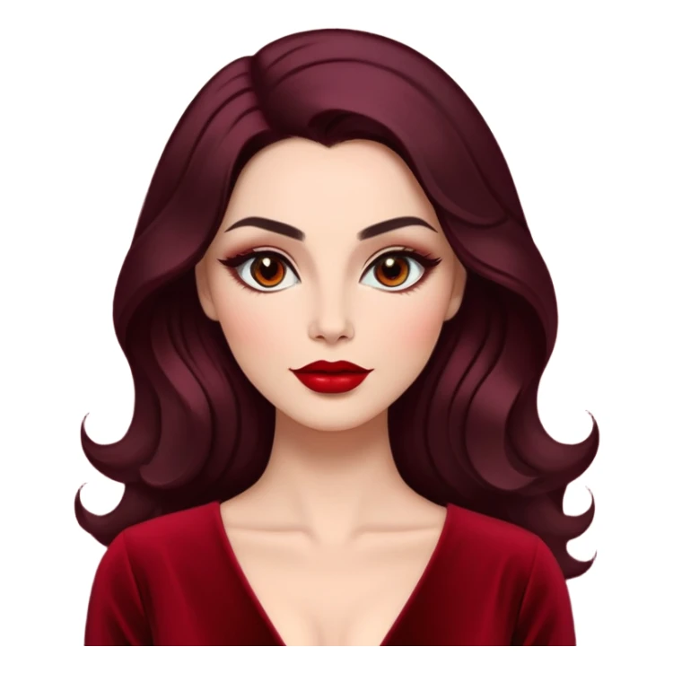 Confident woman with luminous skin, elongated face, defined features, dark almond eyes with dramatic eyeliner, thick eyebrows, straight elegant nose, full bright red lips, voluminous dark hair with soft waves, wine red velvet V-neck dress sticker