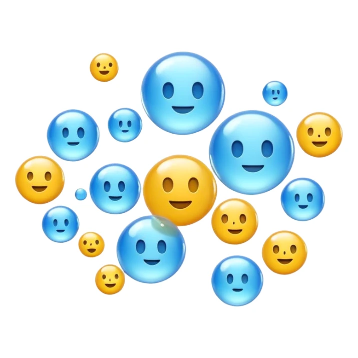 3D iPhone style emoji of free-floating bubbles, scattered randomly in the air, translucent and shiny, various sizes, not contained in any circle, isolated on white background, soft shadows, high detail, playful and cute. sticker