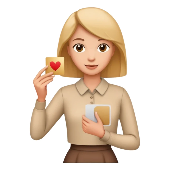 female standing hold a card in one hand sticker