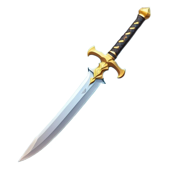 Clash of Clans aesthetic: Cinematic Playful Sword Emoji, rendered in a 3D vector-style similar to standard emojis with minimal shading and bold, simplified shapes. A compact, isometric blade with a gleaming, intricately designed hilt and a razor-sharp edge, softly glowing with a heroic, battle-ready charm. Simplified yet unmistakably iconic, highly detailed and consistent, glowing with a soft radiant brilliance and high shine. Stylized with a touch of medieval finesse and a soft glowing outline, capturing the essence of a legendary sword with a friendly, playful vibe! sticker