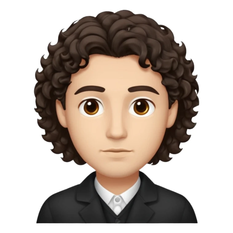 He’s a man with light to medium skin, a defined oval face, full brows, deep-set eyes, and wavy to curly dark brown hair styled with height, sides are trimmed. expression calm and focused relaxed black open-collar .polished, articulate, and trainer vibe. sticker