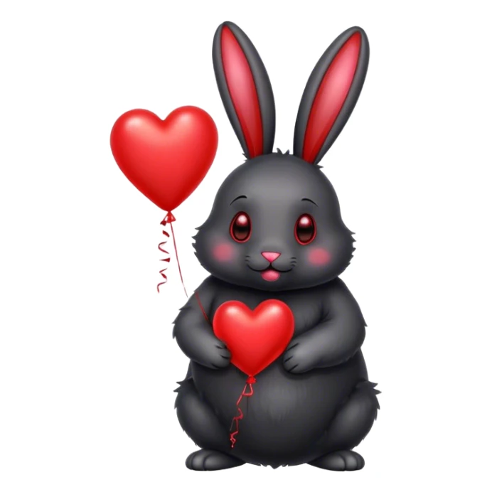 fat black rabbit with drooping ears and red metallic heart-shaped balloons sticker