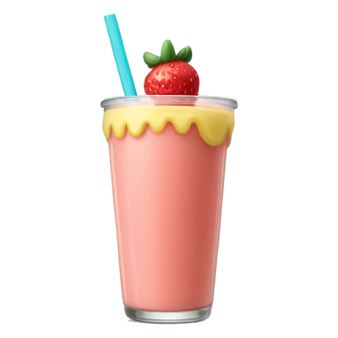 A strawberry banana smoothie with a orange straw sticker
