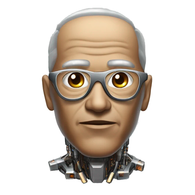 Older Male cyborg head with metallic plated face, brown flat top haircut, glasses and circuitry sticker