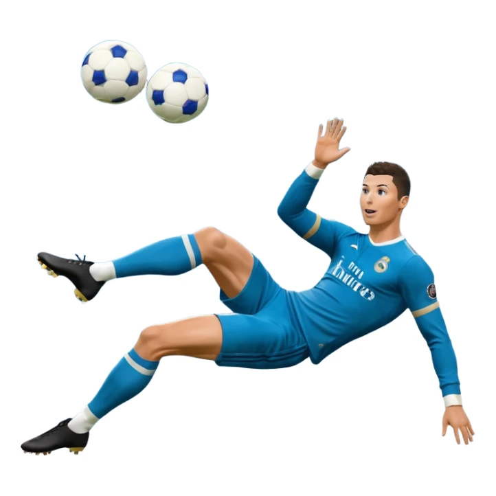 Ronaldo doing a bicycle kick with football in mid air While wearing a Retro blue Real madrid kit and yes i want it to be exactly the same as he Scored it in 2018 vs Juventus  sticker