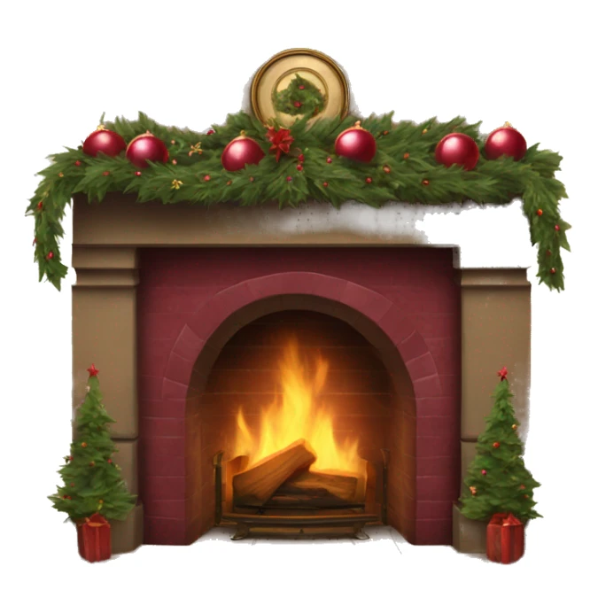 Vintage fireplace with Christmas wreaths with burgundy ornaments sticker
