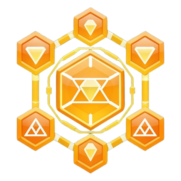 Futuristic reward points icon with PFD in the middle, diamond or hexagon shape, circuit board lines, Bloomberg terminal aesthetic, gold orange phosphor glow on dark background, minimalist geometric, no text, fintech style, clean edges, professional icon design sticker