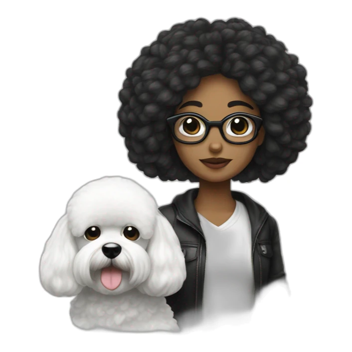 mujer pelo largo negro con gafas y perro bichon blanco sticker