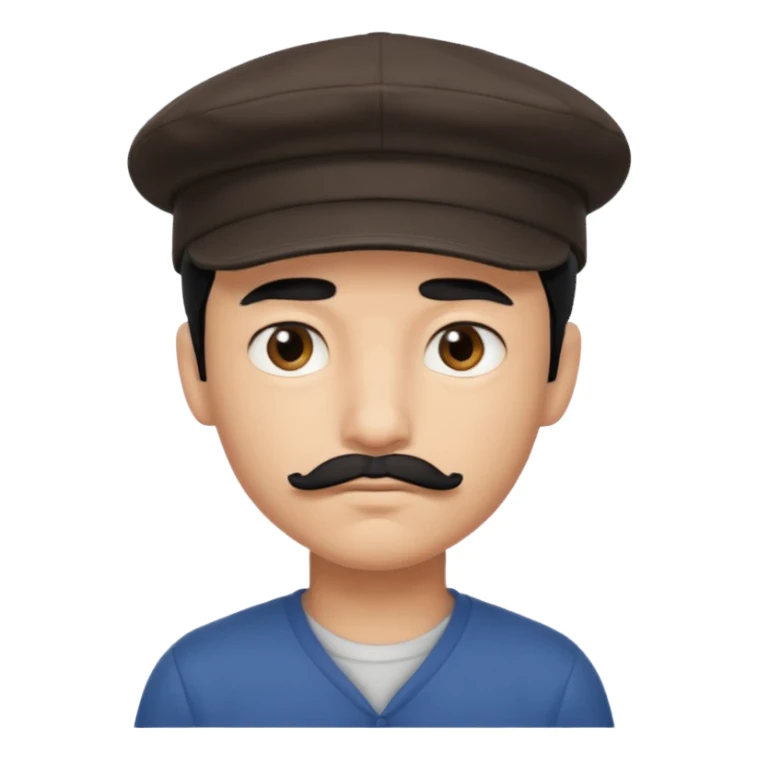 Gere um menino de cabelos preto e boné pro lado com feição séria e bigode fino sticker