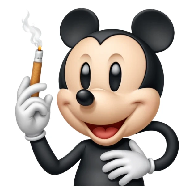 white cartoon glove hand inspired by Mickey Mouse holding a cigarette between fingers, simple rounded style sticker