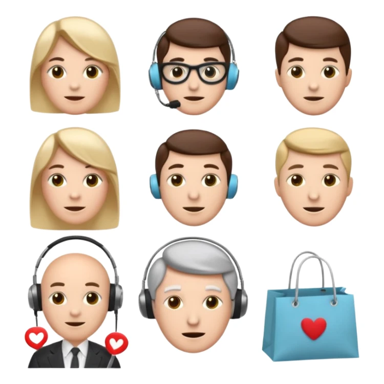 6 icons in a 2×3 grid, soft 3D emoji style, pastel colors, equal spacing, white background:
1) speech bubble
2) theatre masks
3) dynamic stopwatch
4) house + coffee + shopping bag
5) English gentleman
6) female support agent with headset
 sticker