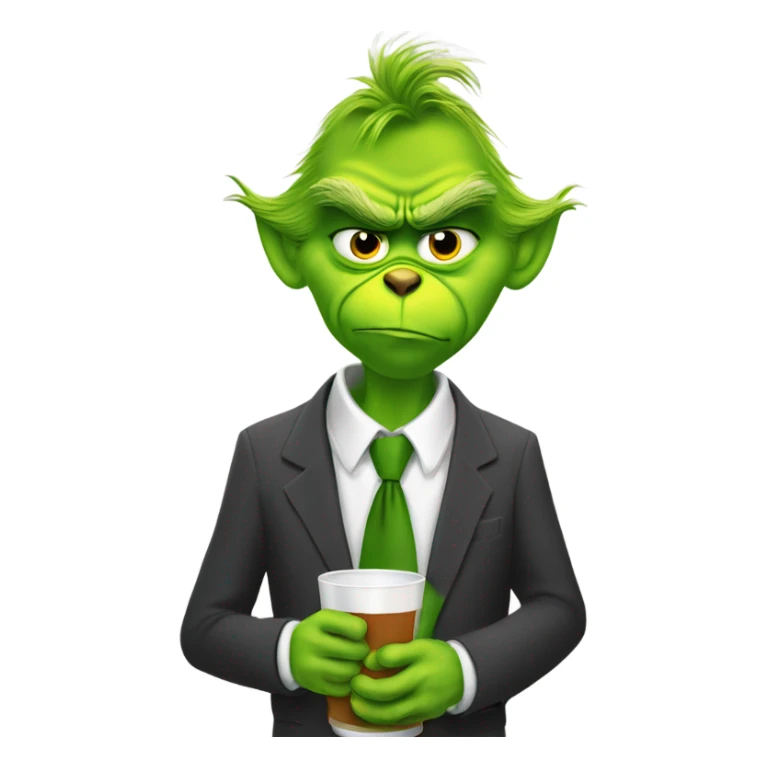 grinch in suit and tie drinking at the computer. sticker