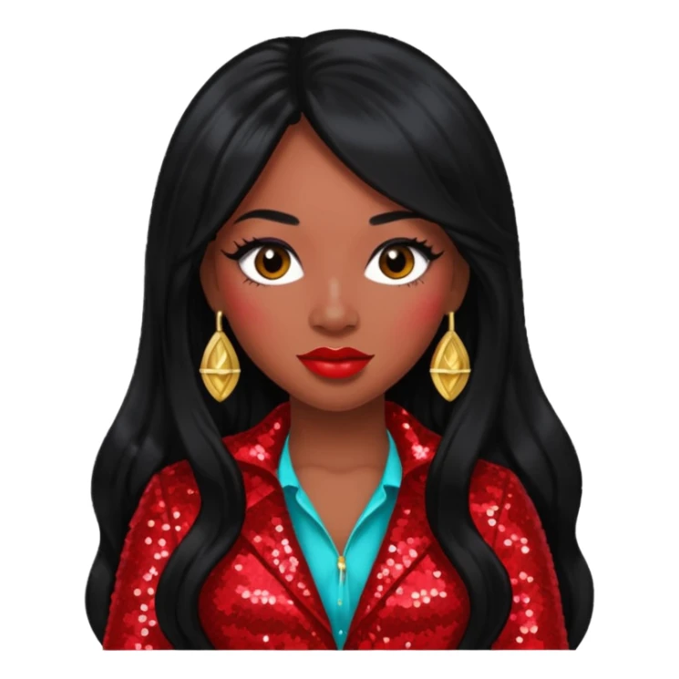 Tiffany Pollard with long black hair, red sequin outfit sticker