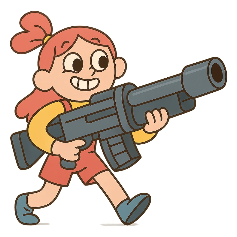 funny, positive stalker girl named Businka with a huge machine gun sticker