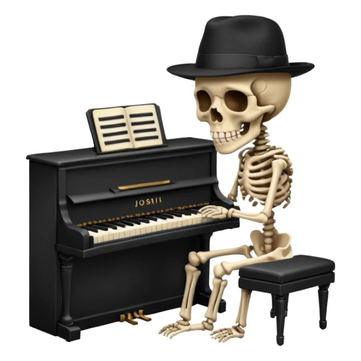 A human skeleton wears a black hat and plays the piano. sticker