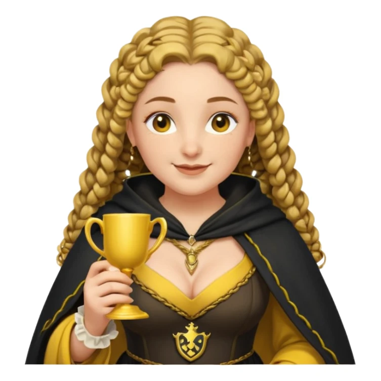 Helga Hufflepuff, 2 curly thick brown braids, yellow-black medieval dress, black cloak decorated with gold braiding, tiny two-handled shiny yellow-gold cup, very kind smile, curvy busty sweet woman, thick rosy cheeks sticker