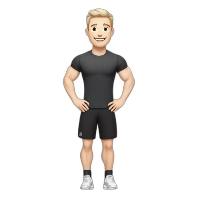 Joyful Celebrating victory Pale skinned Fit Man With the biceps and dark brown hair in black shirt, gray sports shorts and white Sneakers sticker
