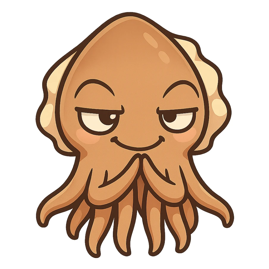 cartoon cuttlefish with tentacles steepled like fingers, looking smug and mischievous sticker
