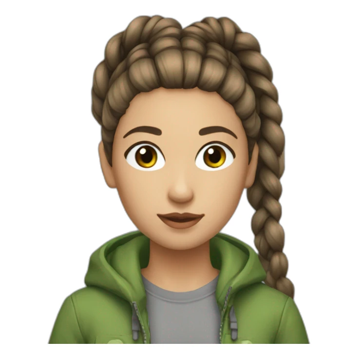 Braiding Ponytail  brown hair, brown eyes, grey tshirt and green puff jacket sticker