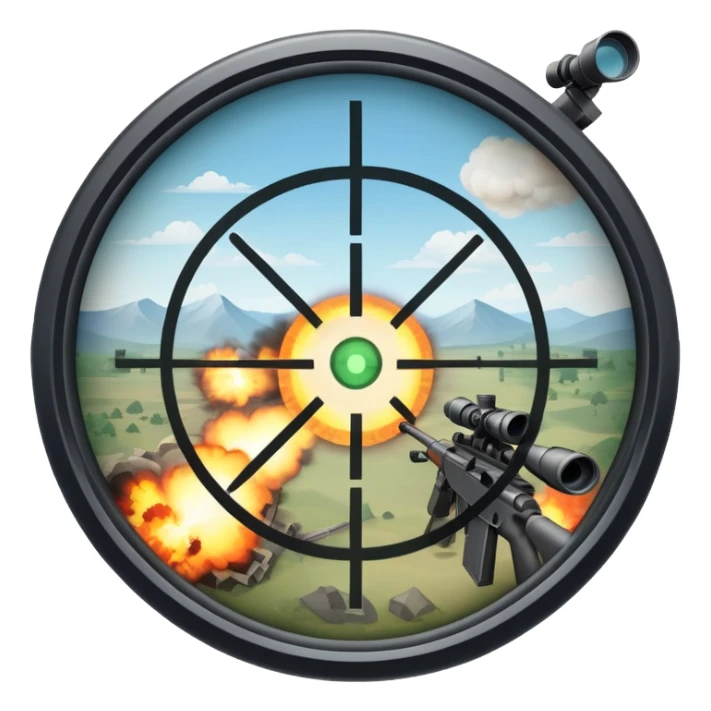 An icon symbolizing first-person shooter games. The design features a circular sniper scope view with crosshairs aimed at a distant target. The background shows a battlefield with soldiers and explosions, capturing the action-packed intensity of FPS games. Transparent background. sticker