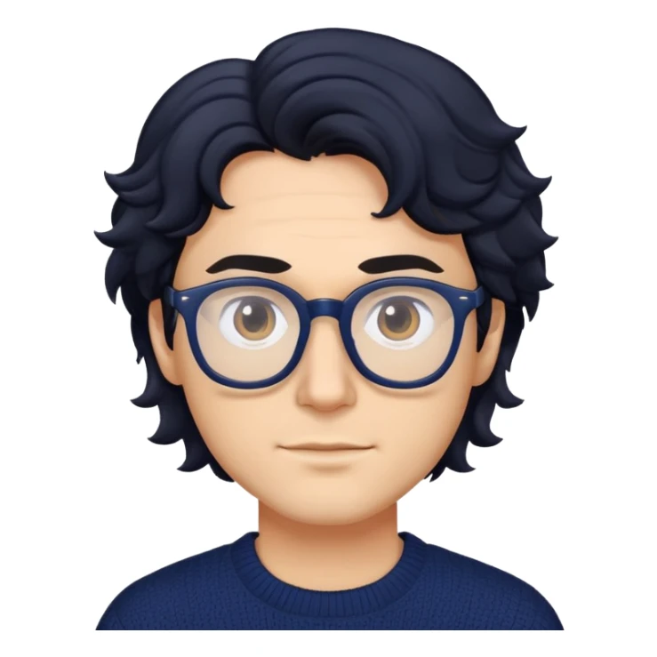 Man with wavy black hair in a comfortable navy blue sweater and glasses sticker