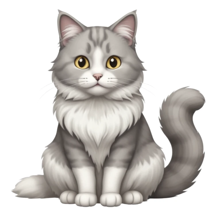 a very fluffy big grey and white cat sitting regally sticker