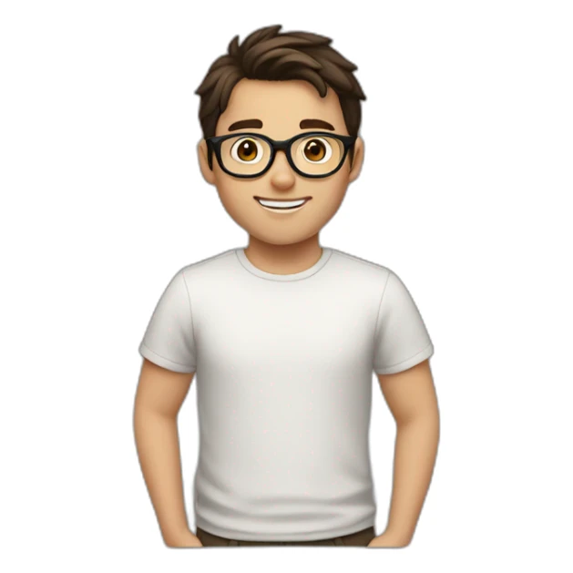 white boy with dark brown hair with circle brown glasses and a smile sticker