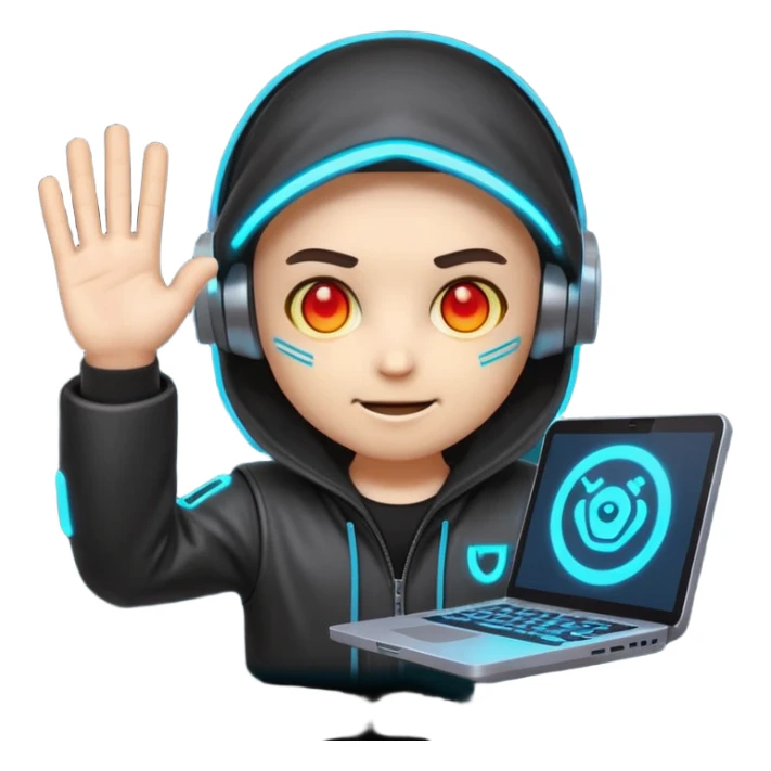 Chibi cyberpunk hacker emoji with glowing eyes, shaking head “no” and waving stop hand, friendly anti-scam message, text “NO SCAMS”, smooth looping animated sticker, bright neon colors, transparent background, Discord emoji style. sticker