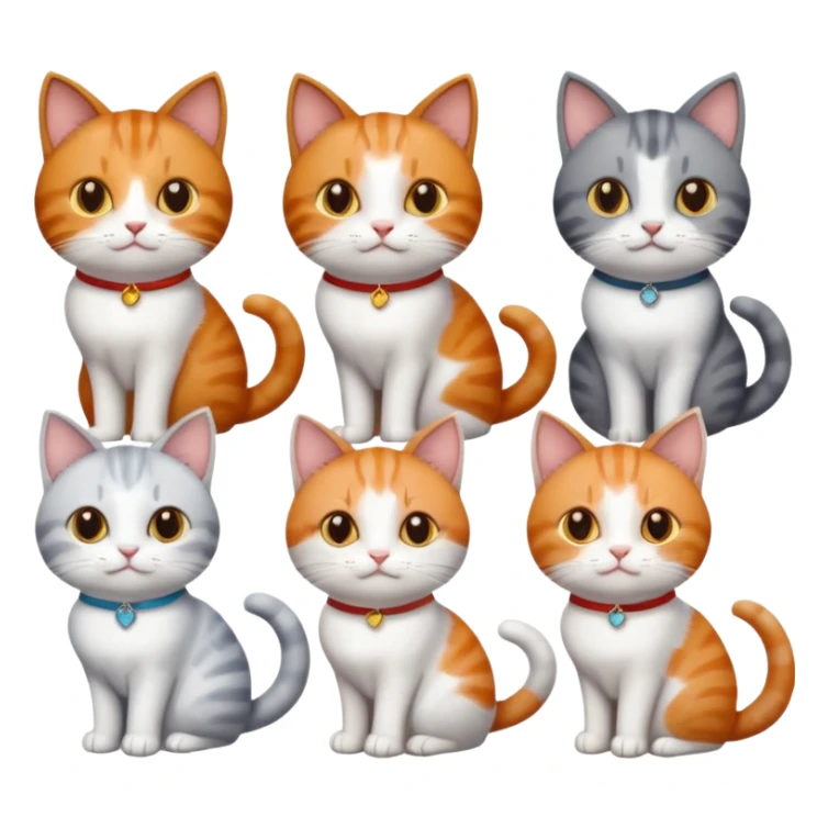 six cats of different colours: 1 small ginger and white, 1 small brown tabby and white, 1 small grey and white, 1 big grey and white, 1 mostly grey with white paws and small white patch on chest and 1 calico sticker