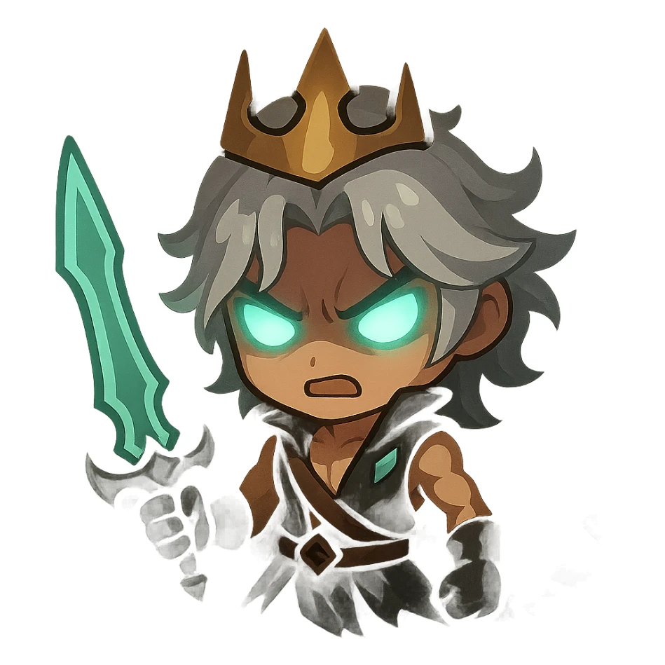 Make Viego more dramatic in chibi style, intensify his expression with glowing eyes, add swirling dark mist around him, and depict him in a more powerful pose. Keep no background (transparent). sticker