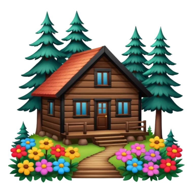 cabin in the woods, surrounded by pines, with flowers around sticker