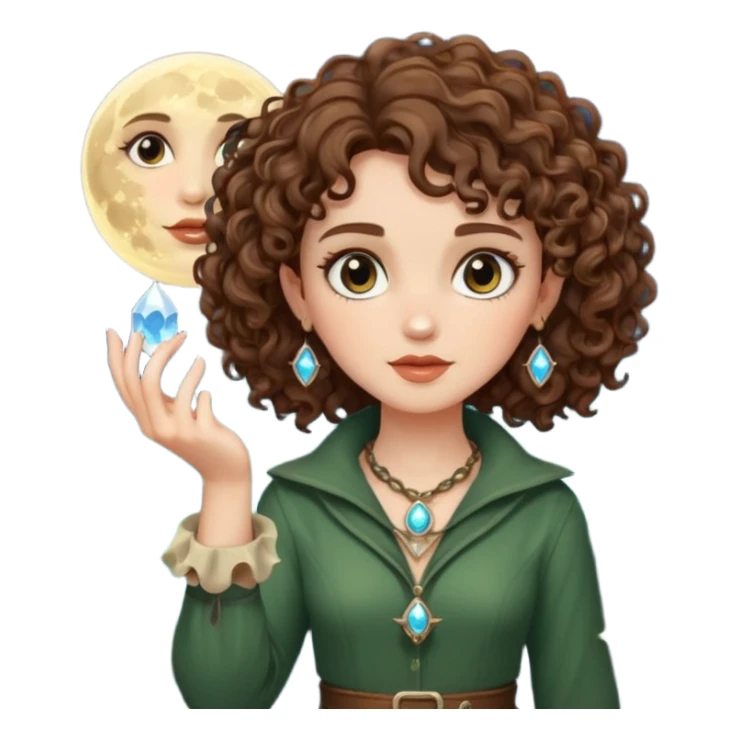forest rogue woman short tight curly brown hair holding moon crystal sticker