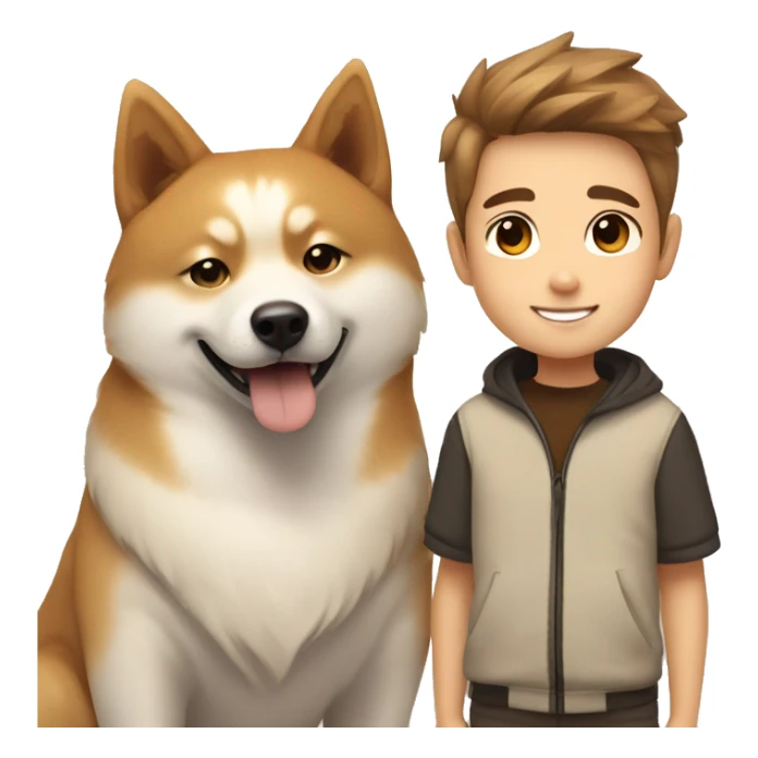 Light brown hairs boy with brown eyes and wide brows 12 years smiling together with dog shiba inu  sticker